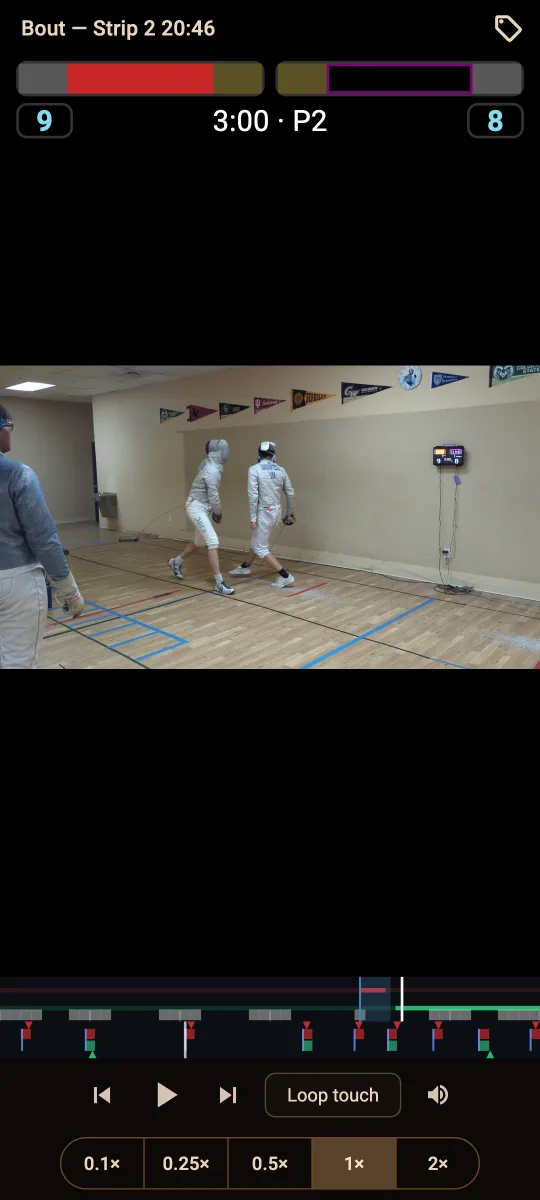 reviewing a recorded bout: the video with the scoring overlay, a timeline marking every touch, and playback speed buttons