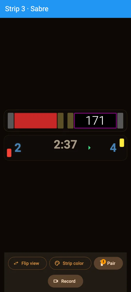 a full-screen view of one sabre bout, with buttons to flip the view, pick a strip color, pair, and record