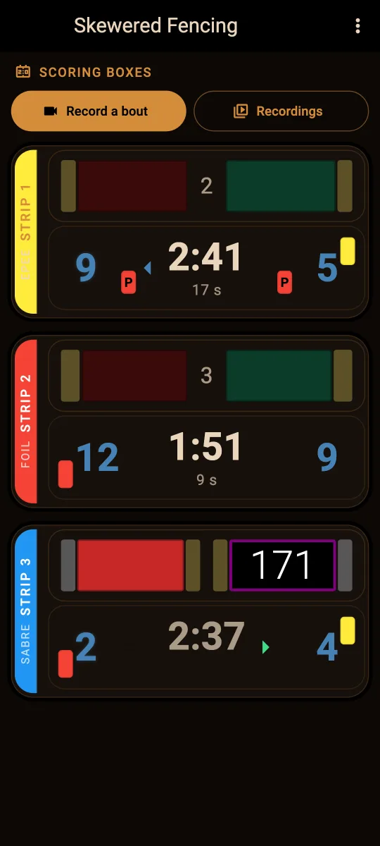 the mobile app mirroring three scoring boxes