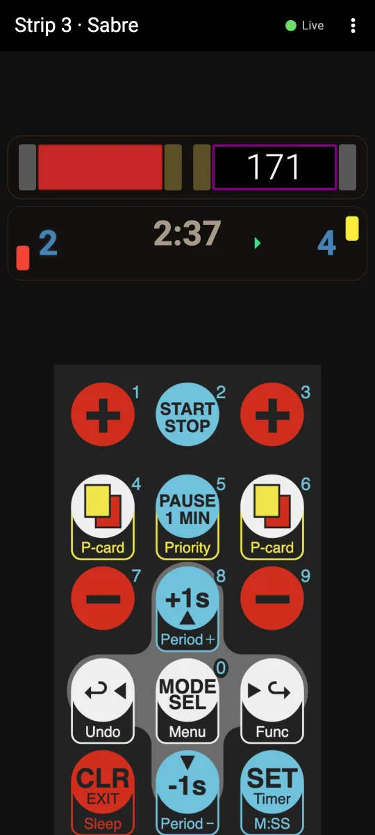 the Bluetooth remote control, with the live box display above a full keypad