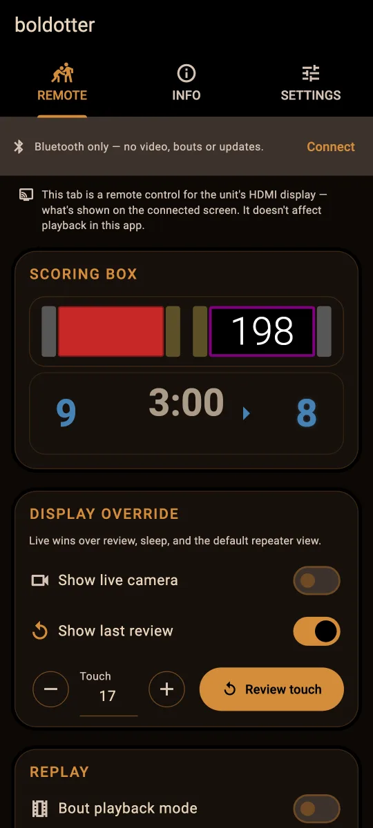 the system's Remote tab over Bluetooth, with a banner offering to connect over WiFi