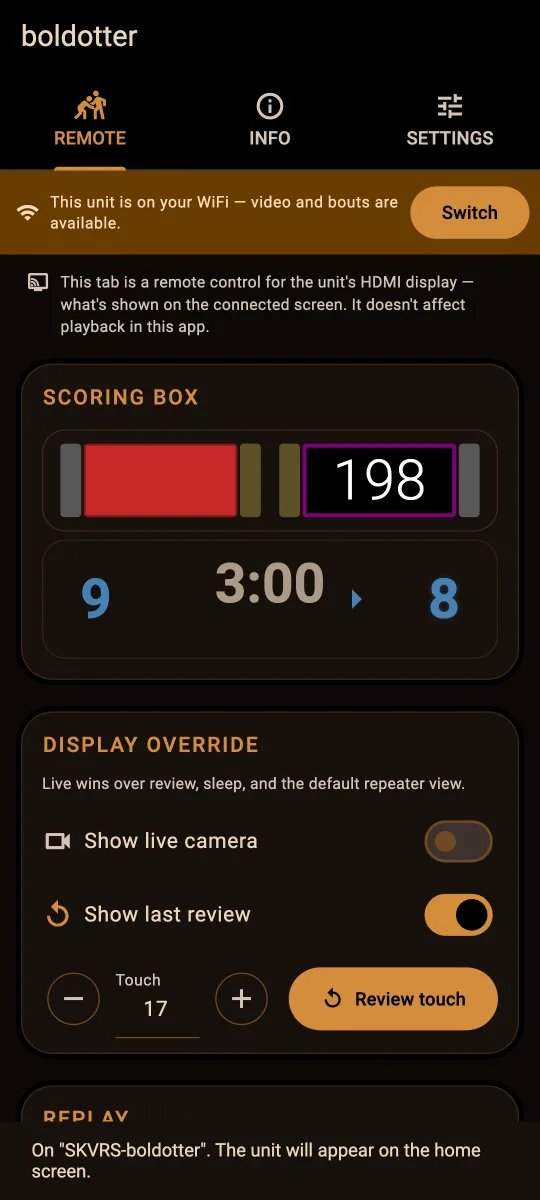 the Remote tab after joining, with a banner saying the unit is on your WiFi and a Switch button