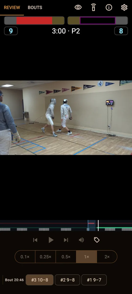 reviewing a touch captured by a video replay system, with the scoring overlay, timeline, and a list of the bout's touches