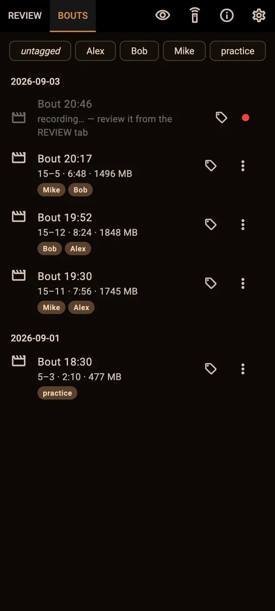 the bouts recorded by a video replay system, listed by date with scores, durations, and tags