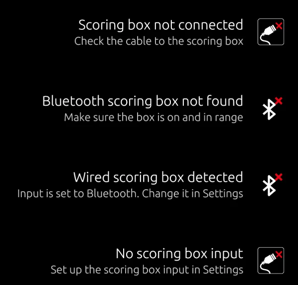 the connection badges: Scoring box not connected, Bluetooth scoring box not found, Wired scoring box detected, and No scoring box input
