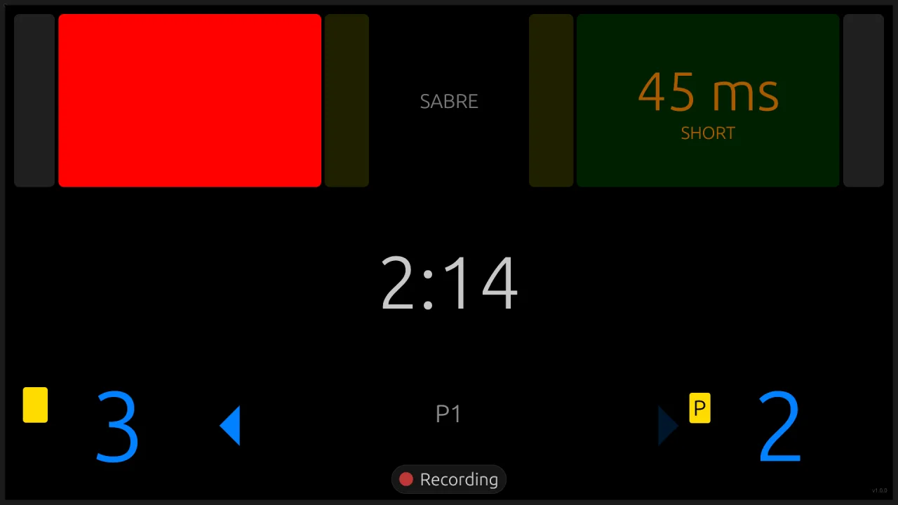 the repeater view: red light on the left, a 45 ms short hit on the right, clock 2:14, score 3 to 2, and a Recording indicator at the bottom
