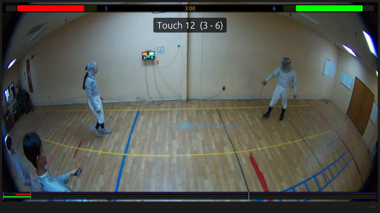 a slow-motion replay of a touch with the label Touch 12 (3 - 6), the scoring box lights, score, and clock along the top, and the timeline along the bottom