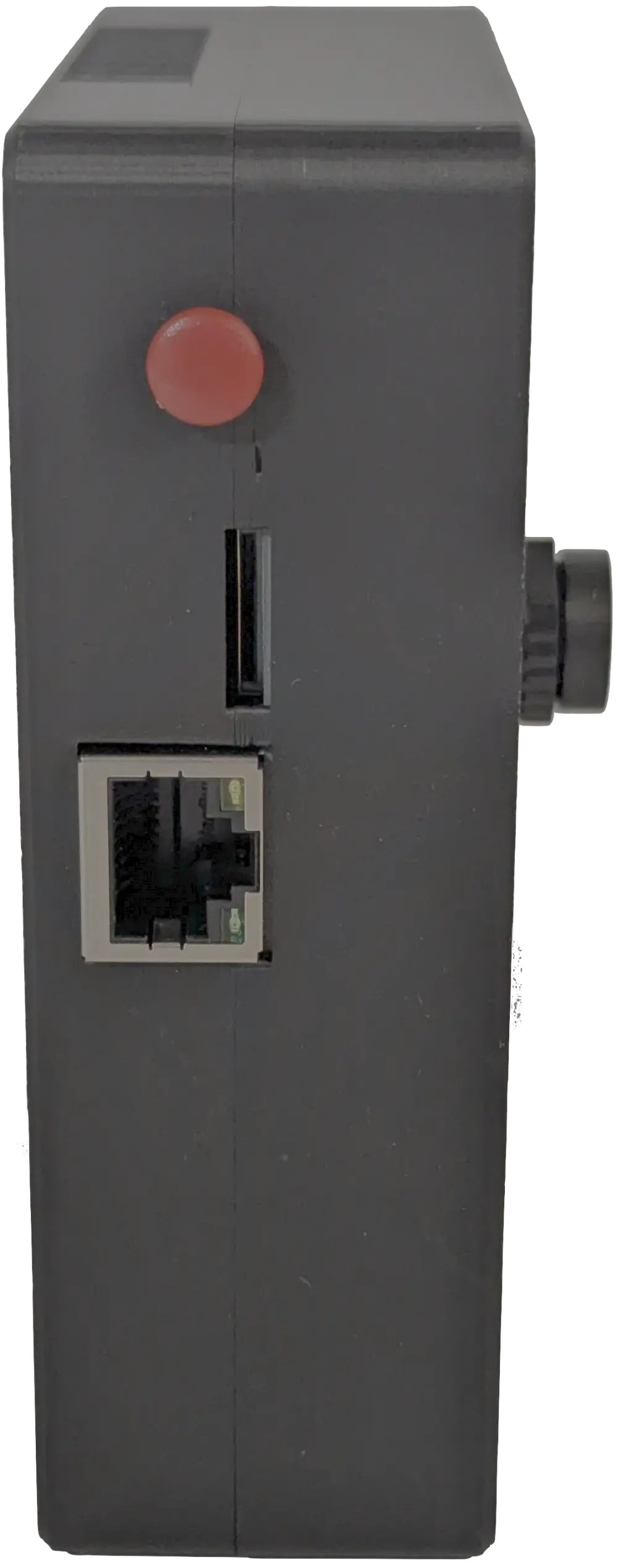 the left side of the unit: a red power button, a recessed SD card slot, and an ethernet jack